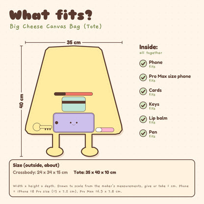 What fits in the Big Cheese Canvas Bag (Tote), about 35 x 40 x 10 cm: phone, cards, keys, lip balm and pen fit. Drawn to scale.