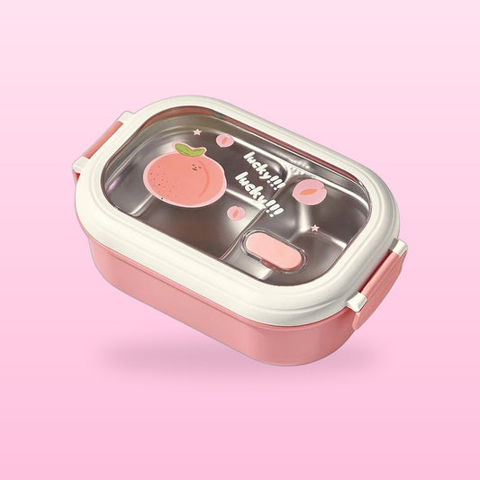Pink stainless steel bento box with a cream lid and peach print on a pink background