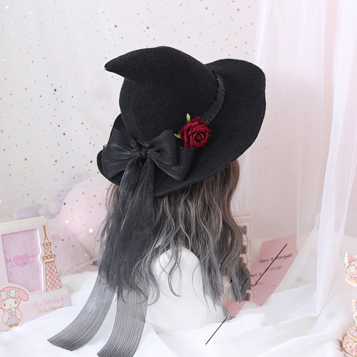 Lolita Halloween Retro Witch Hat Masquerade Rose Big Bow Wizard Hat Gothic Magical Girl Hat Cosplay Accessories Party Decor - 0 - Scribble Snacks