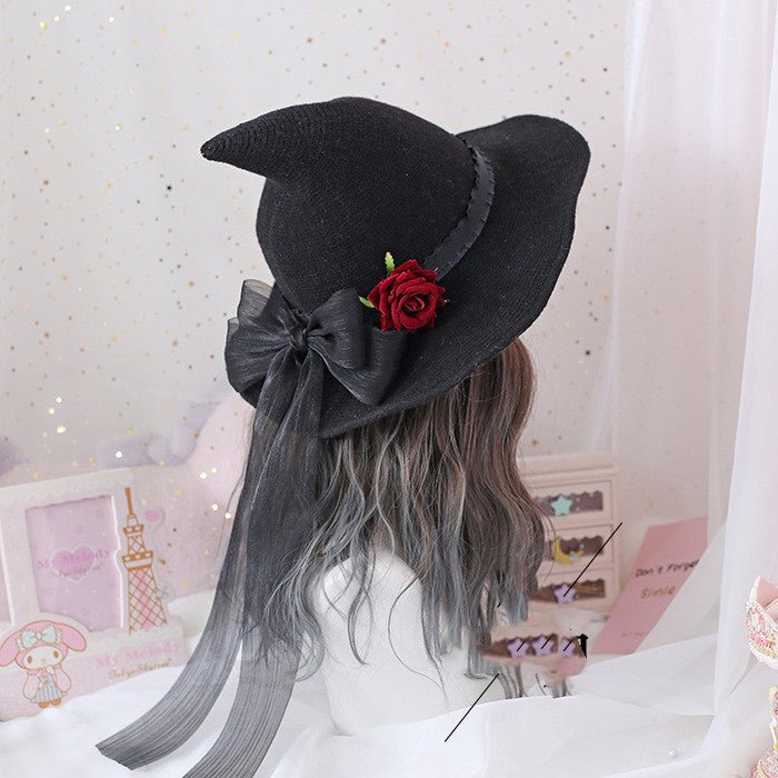 Lolita Halloween Retro Witch Hat Masquerade Rose Big Bow Wizard Hat Gothic Magical Girl Hat Cosplay Accessories Party Decor - 0 - Scribble Snacks