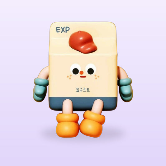 Milk carton night lamp with a red cap, teal hands and orange feet, on a lilac background