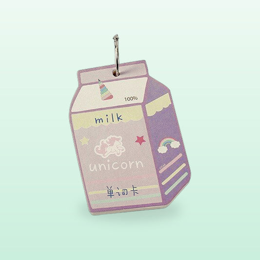 Milk carton mini notebook, lilac unicorn milk design with a metal ring, on a soft mint background