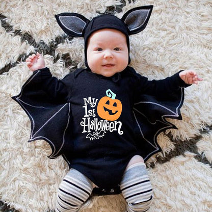 New Baby Halloween Long - sleeved Jumpsuit Pumpkin Letter Halloween Baby Jumpsuits Triangle Rompers - 0 - Scribble Snacks