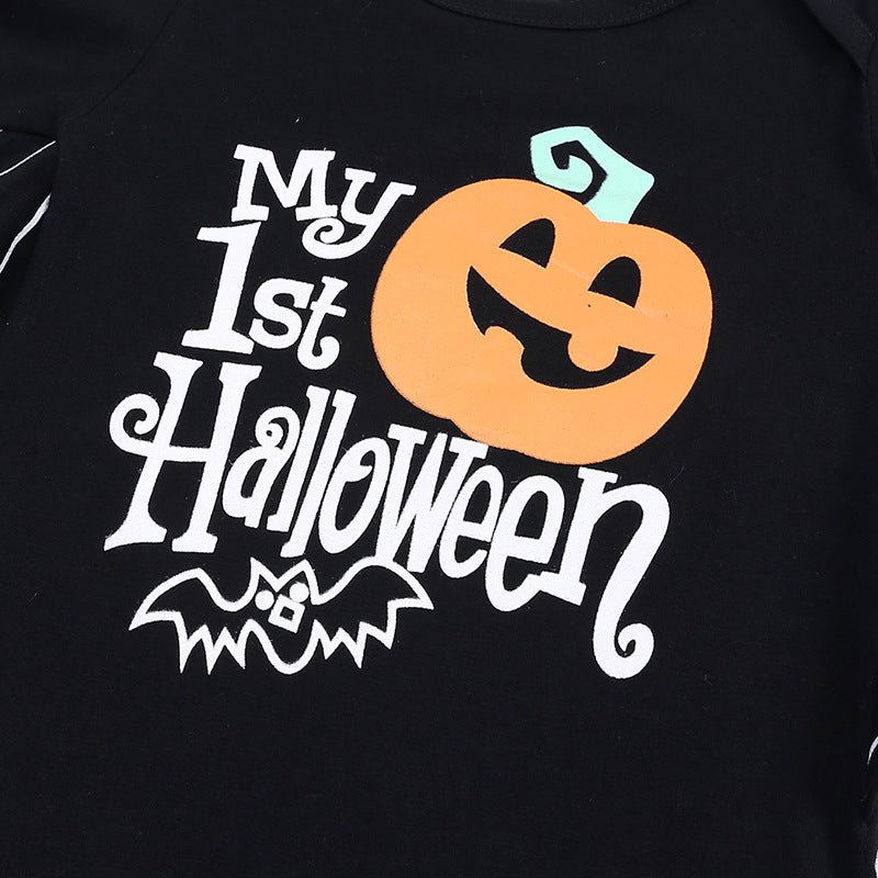 New Baby Halloween Long - sleeved Jumpsuit Pumpkin Letter Halloween Baby Jumpsuits Triangle Rompers - 0 - Scribble Snacks