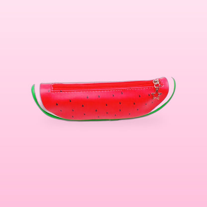 Red watermelon slice pencil case with a star zip charm, on a pale pink background