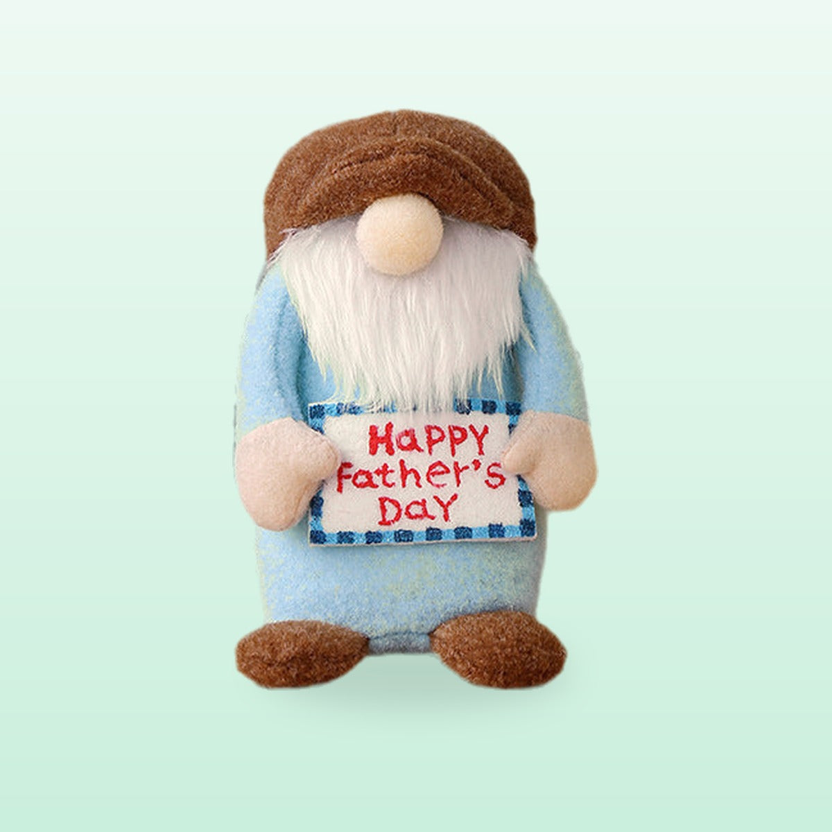 Happy Father's Day plush gnome with a brown hat and blue body, holding a sign, on a mint background
