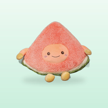 Watermelon slice plush toy with a smiling face, arms and feet, on a mint background
