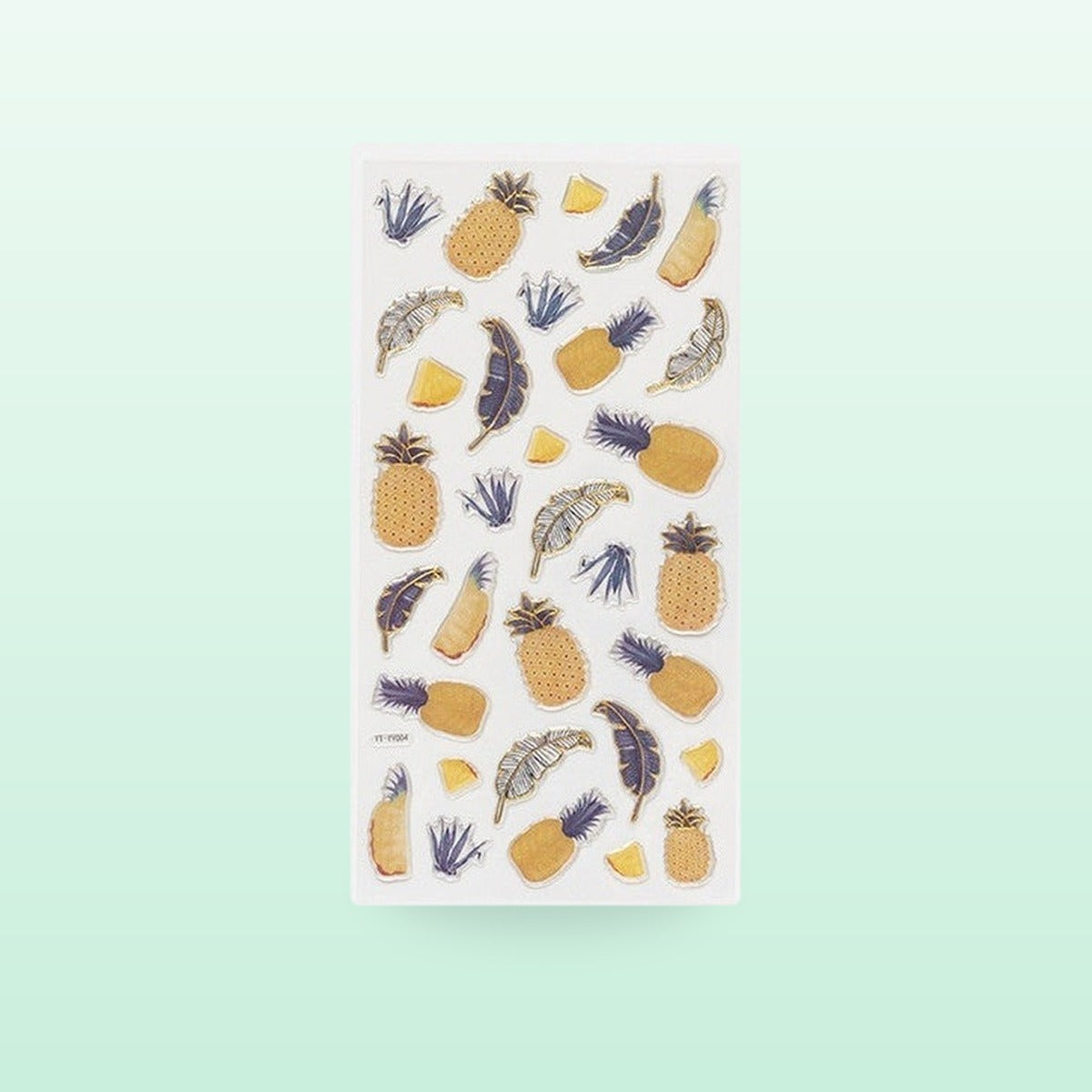 Pineapple metallic sticker sheet with gold pineapples and blue leaves, on a mint green background