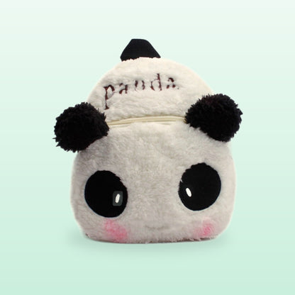 Panda plush mini backpack in fluffy white with black ears, on a mint green background