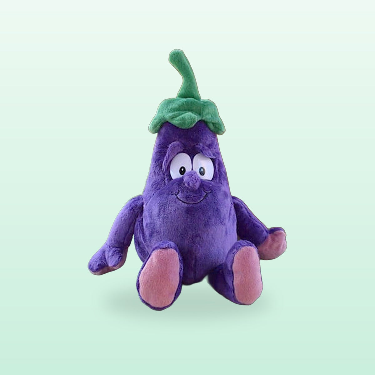 Fruit and veg buddies plush, Eggplant, sitting on a mint green background
