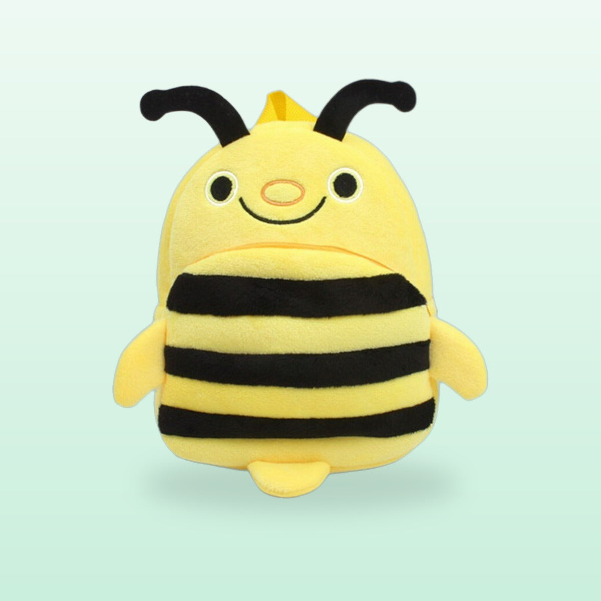 Bumblebee plush mini backpack with black stripes and antennae, on a mint green background