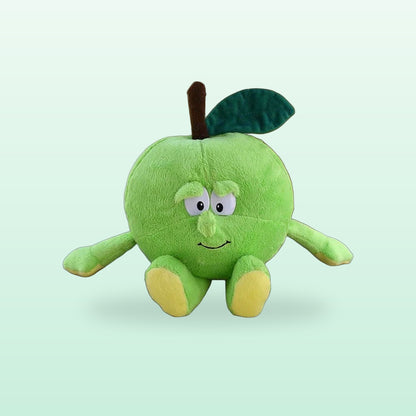 Fruit and veg buddies plush, Apple, sitting on a mint green background