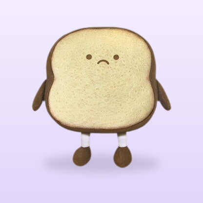 Sad toast slice plush with arms and legs, size S, on a soft lilac background