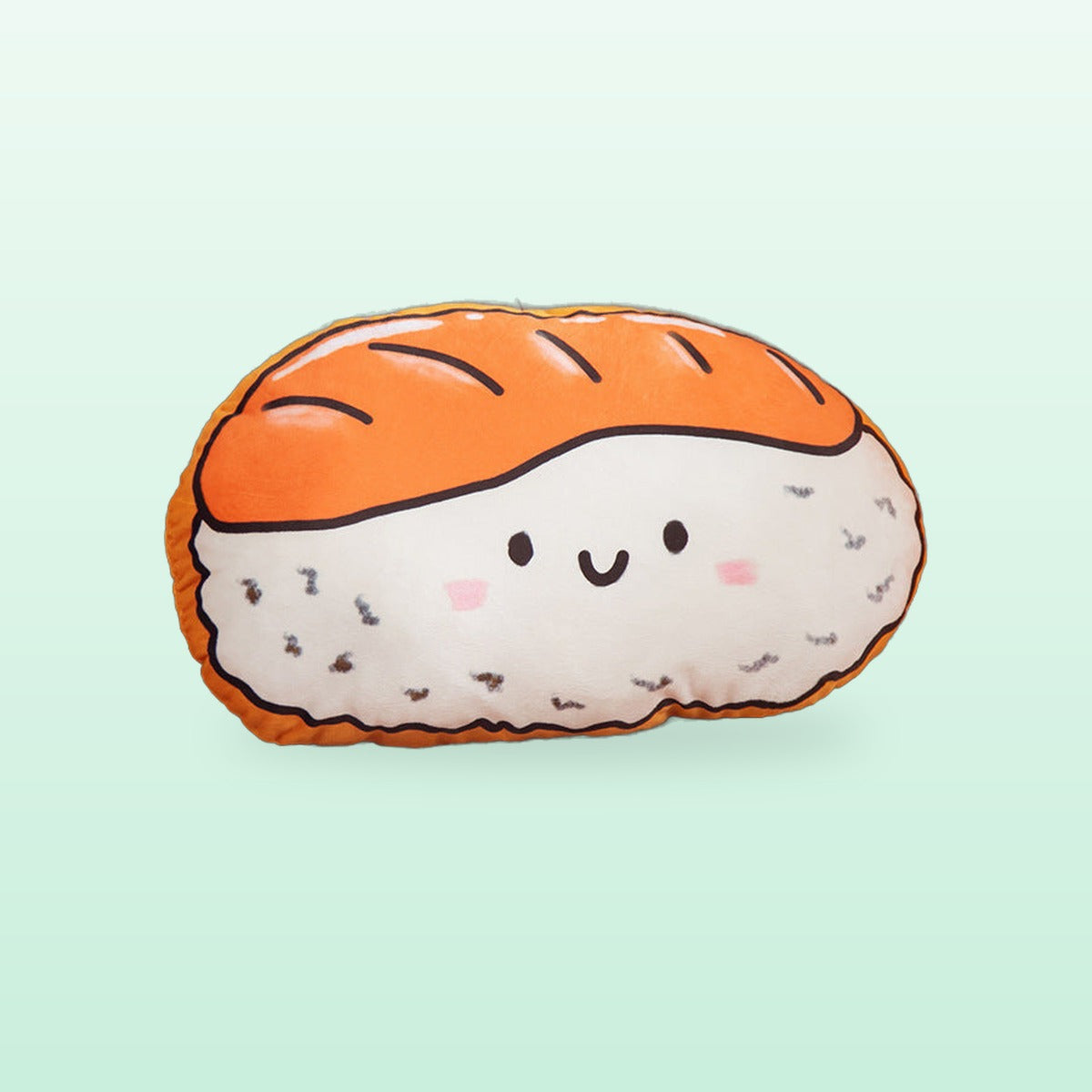 Salmon sushi plush cushion with an orange topping and a smiling face, on a mint background