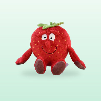 Fruit and veg buddies plush, Strawberry, sitting on a mint green background
