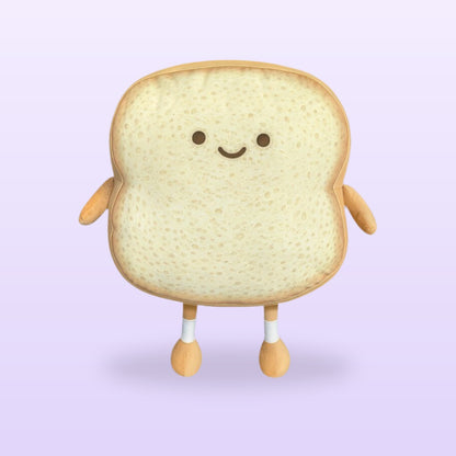 Happy toast slice plush with arms and legs, size L, on a soft lilac background