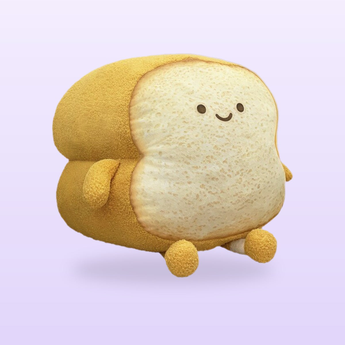 Happy golden loaf plush cushion, size XL, on a soft lilac background