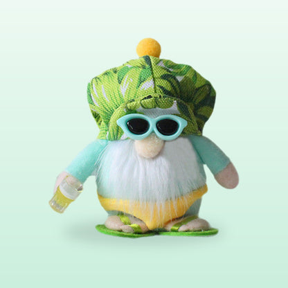 Sunglasses plush gnome with a green leaf hat, mint sunglasses and a white beard, on a mint background