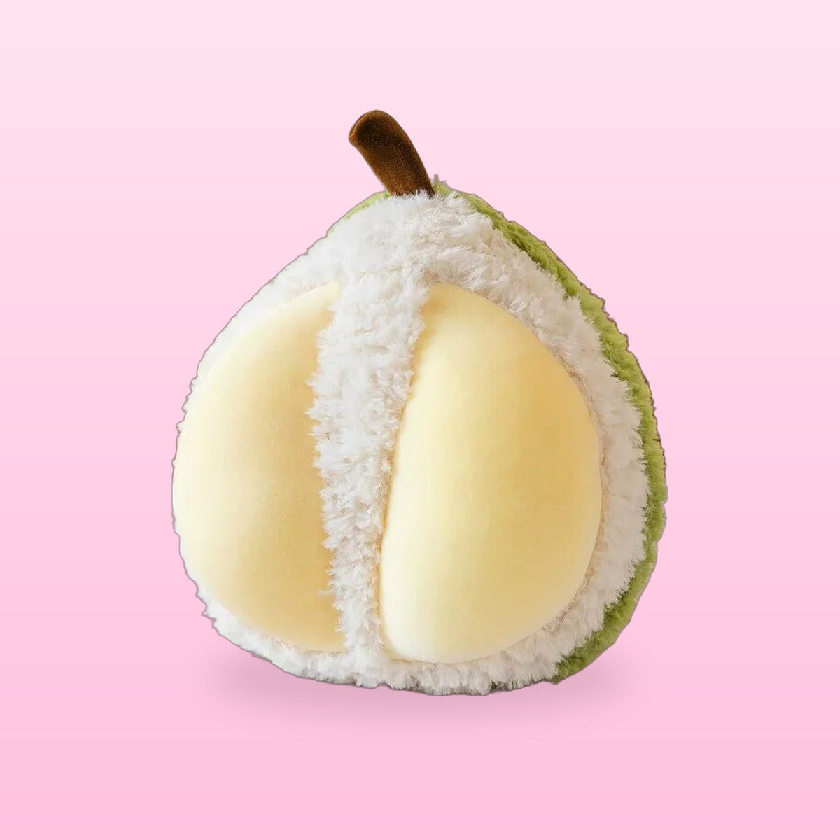 Durian plush opened to show its soft yellow inside, on a bubblegum pink background