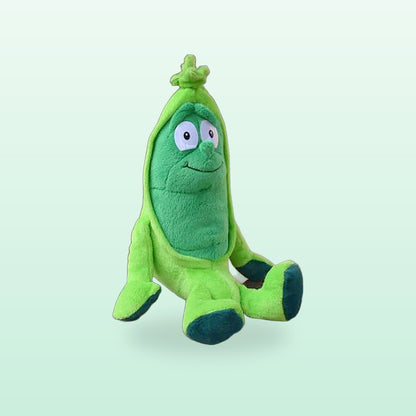 Fruit and veg buddies plush, Pea, sitting on a mint green background