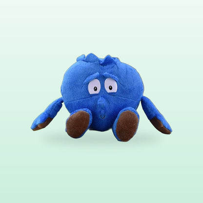 Fruit and veg buddies plush, Blueberry, sitting on a mint green background