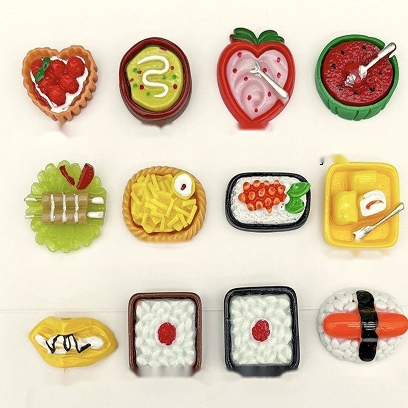 Twelve miniature food magnets on white with English names printed beside each