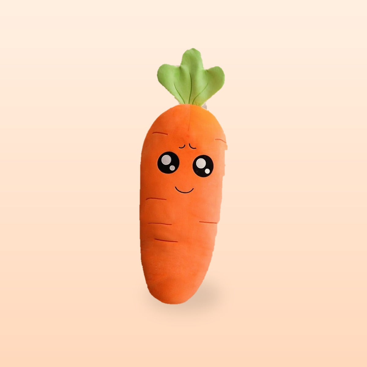 Carrot plush pillow with teary eyes, on a soft peach background