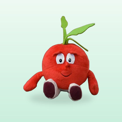 Fruit and veg buddies plush, Radish, sitting on a mint green background