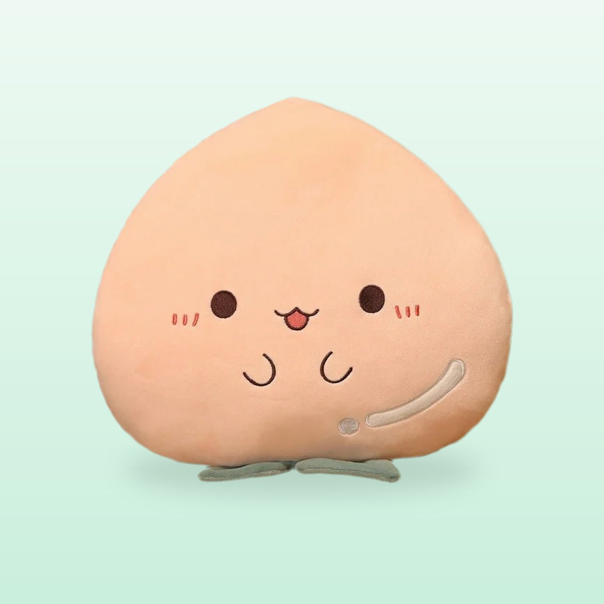 Peach plush pillow in soft pink with a smiling face, on a mint background
