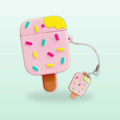 Strawberry ice lolly AirPods case in pink with sprinkles and a mini lolly charm, on a mint background
