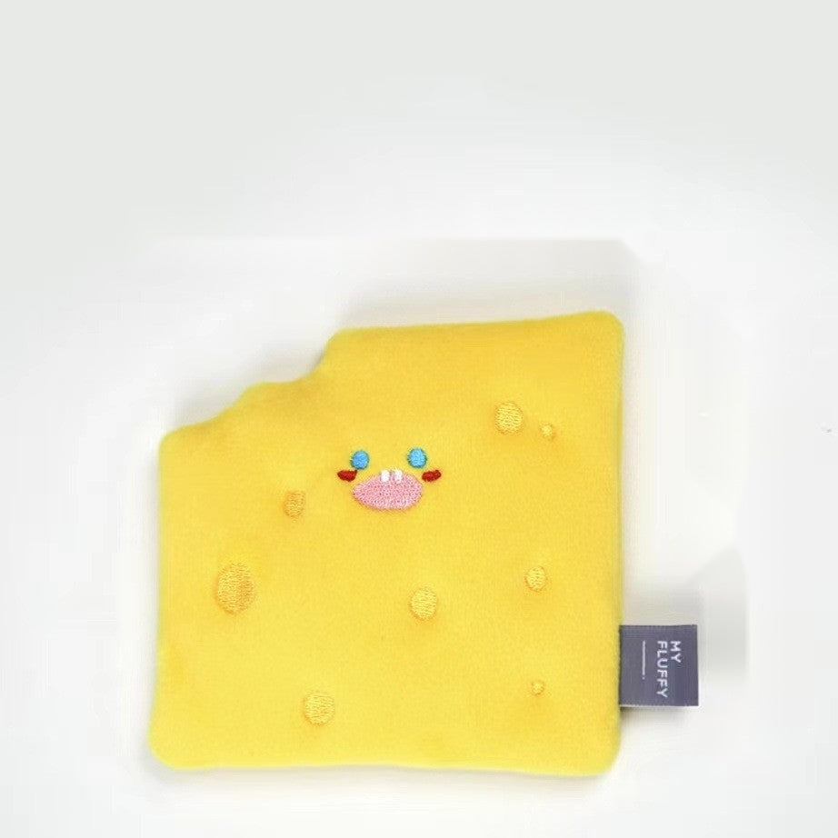 Yellow cheese slice crinkle dog toy, flat front view