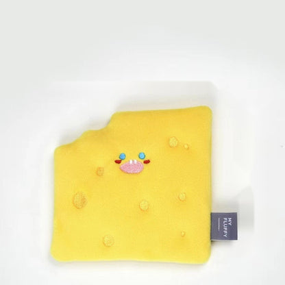 Yellow cheese slice crinkle dog toy, flat front view