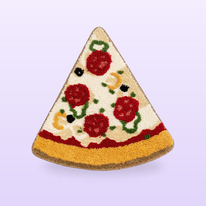 Salami pizza slice plush rug with red toppings and a golden crust, on a lilac background