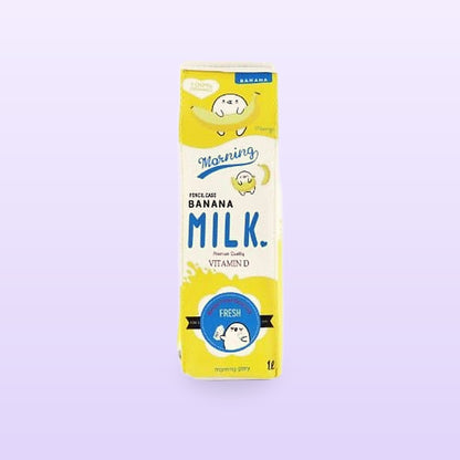 Yellow banana milk carton pencil case, front view, on a lilac background