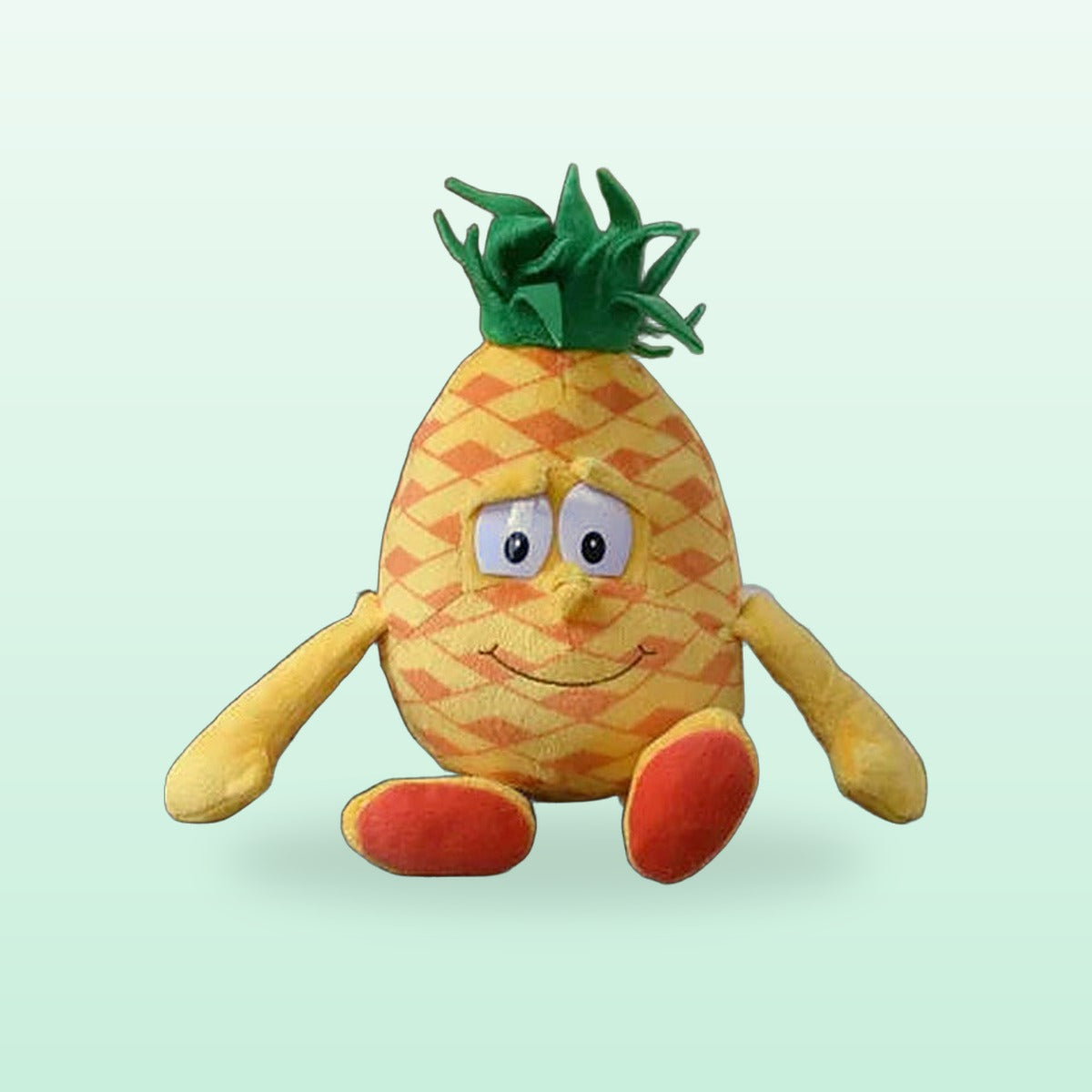 Fruit and veg buddies plush, Pineapple, sitting on a mint green background