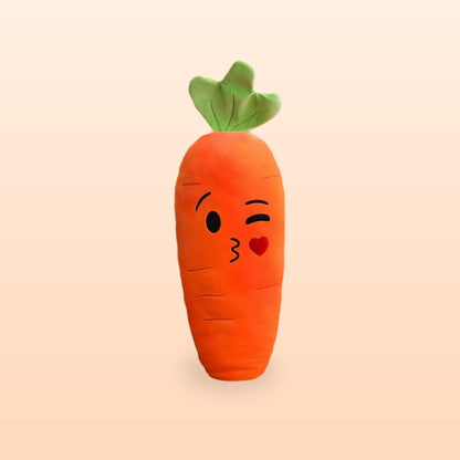 Carrot plush pillow blowing a kiss with a heart, on a soft peach background