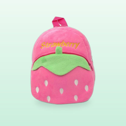 Pink strawberry plush mini backpack with a green leaf, front view, on a mint green background