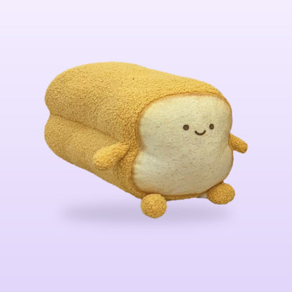 Happy golden loaf toast plush cushion, size M, on a soft lilac background