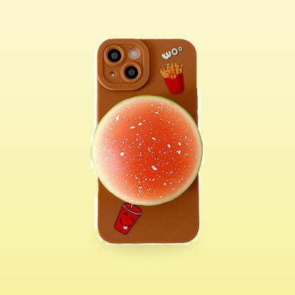 Brown squishy burger iPhone case with fries and drink print, on a butter yellow background