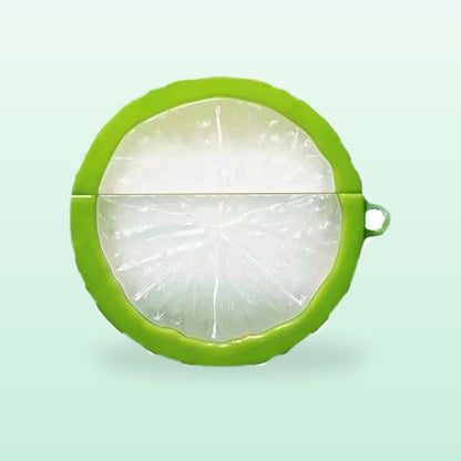 Green lime slice silicone AirPods case, front view, on a mint background