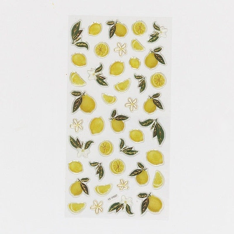 Orange metallic fruit sticker sheet with yellow citrus and leaves