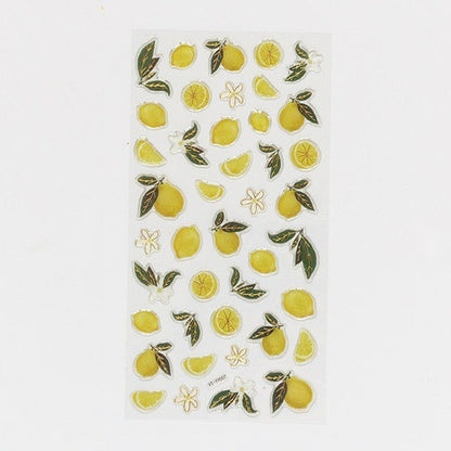 Orange metallic fruit sticker sheet with yellow citrus and leaves