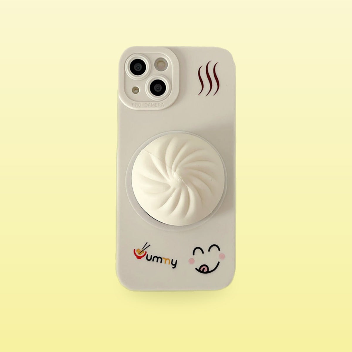 White squishy bao bun iPhone case with Yummy lettering, on a butter yellow background