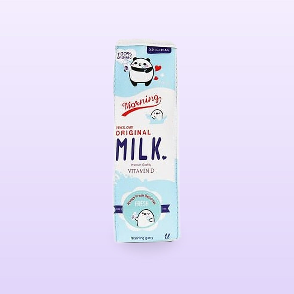 Blue original milk carton pencil case with a panda print, front view, on a lilac background