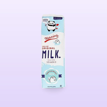 Blue original milk carton pencil case with a panda print, front view, on a lilac background