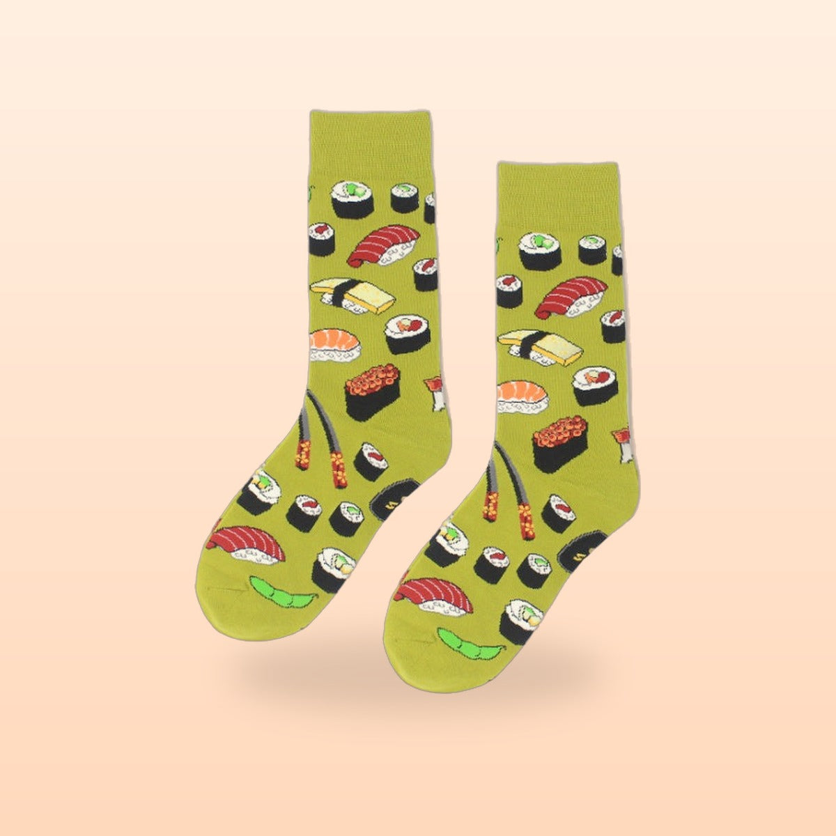 Pair of chartreuse crew socks with a sushi, maki and chopsticks pattern, on a peach background