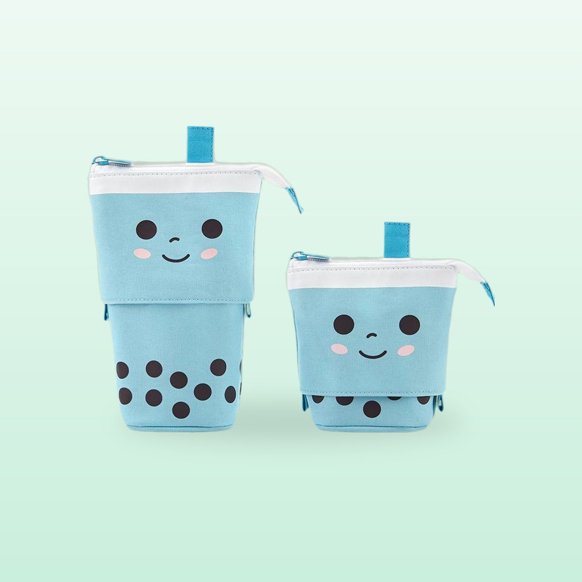 Blue boba milk tea pen pouch shown extended and collapsed side by side, on a mint background