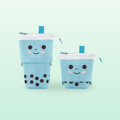 Blue boba milk tea pen pouch shown extended and collapsed side by side, on a mint background