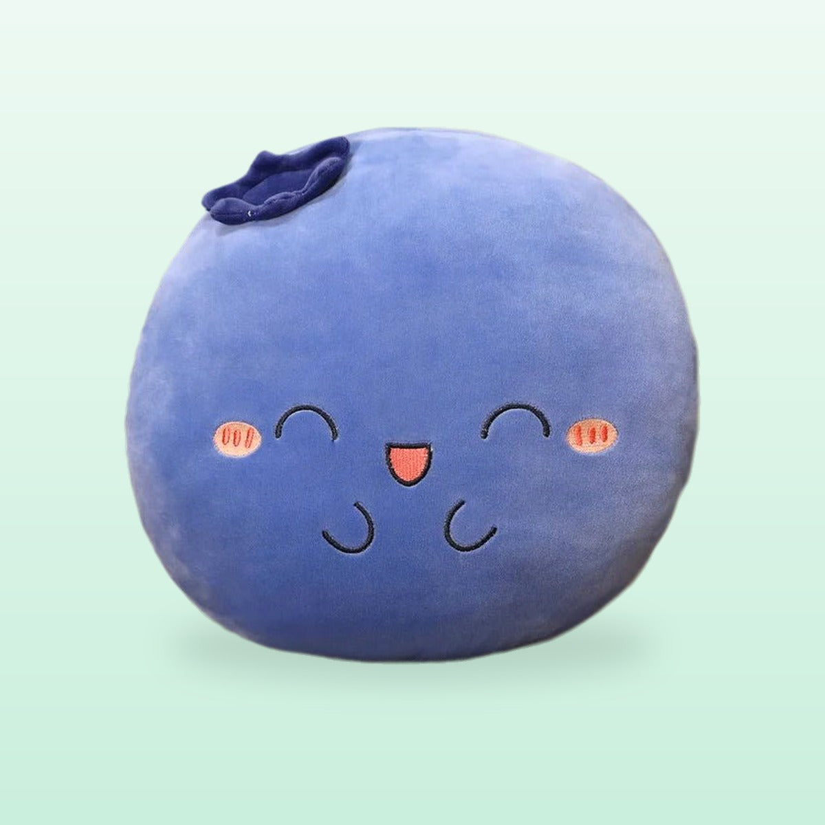 Blueberry plush pillow in blue with rosy cheeks, on a mint background