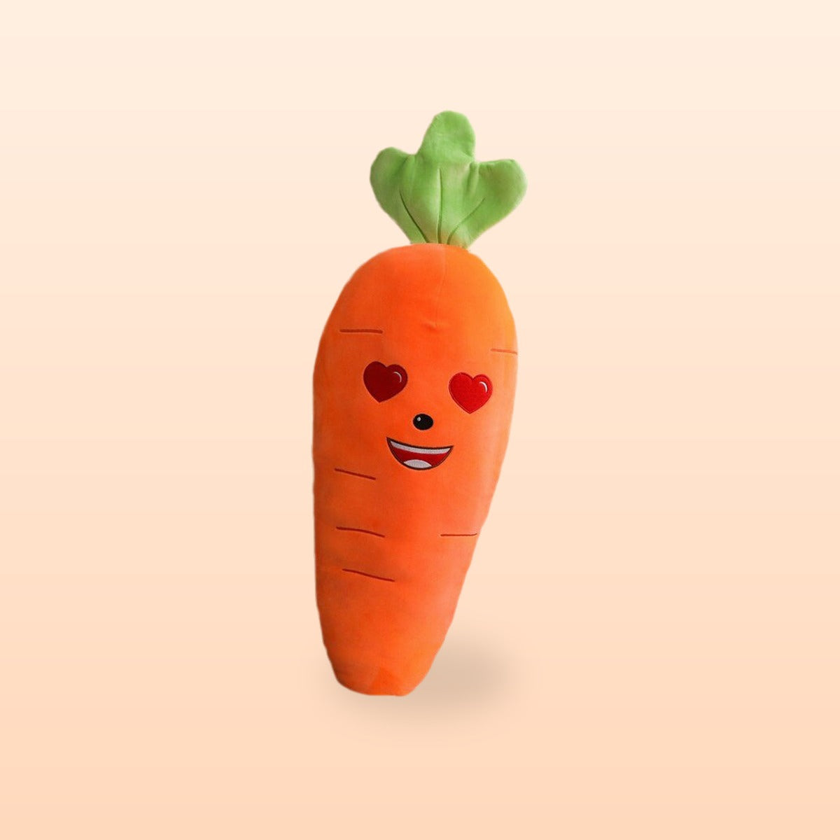 Carrot plush pillow with heart eyes, on a soft peach background